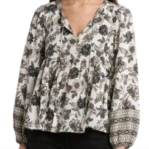 NWT Lucky Brand Cream/Tan/Black Floral Peasant Top Size S V-Neck With Tassels